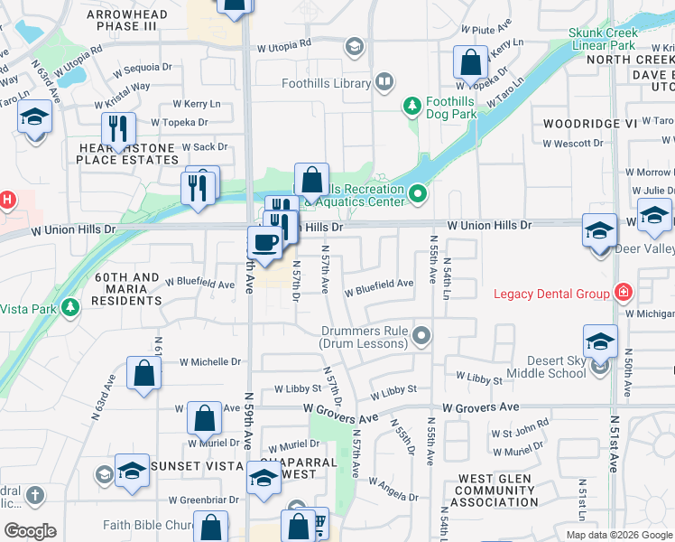 map of restaurants, bars, coffee shops, grocery stores, and more near 18420 North 56th Lane in Glendale