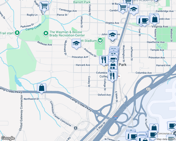 map of restaurants, bars, coffee shops, grocery stores, and more near 1995 Columbia Avenue in College Park