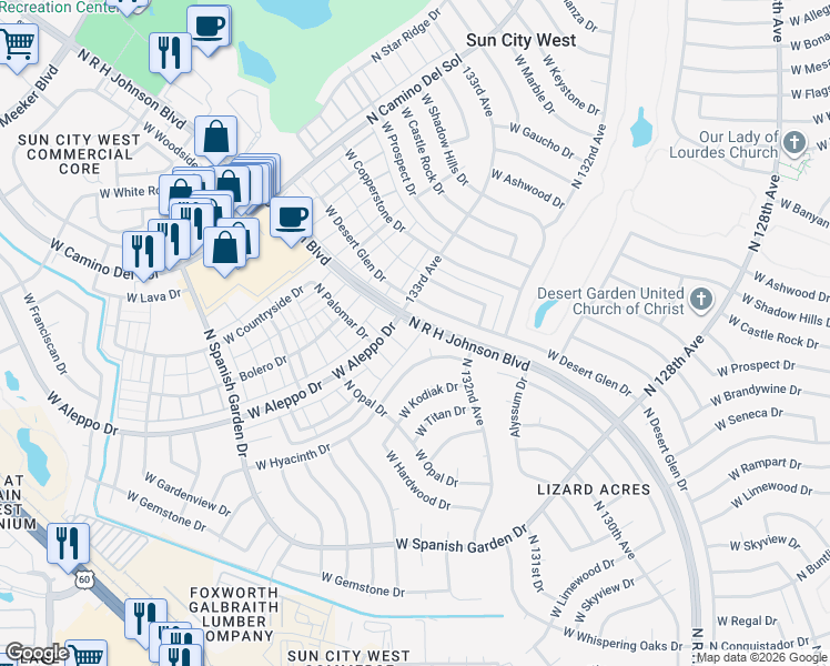 map of restaurants, bars, coffee shops, grocery stores, and more near 13213 West Aleppo Drive in Sun City West