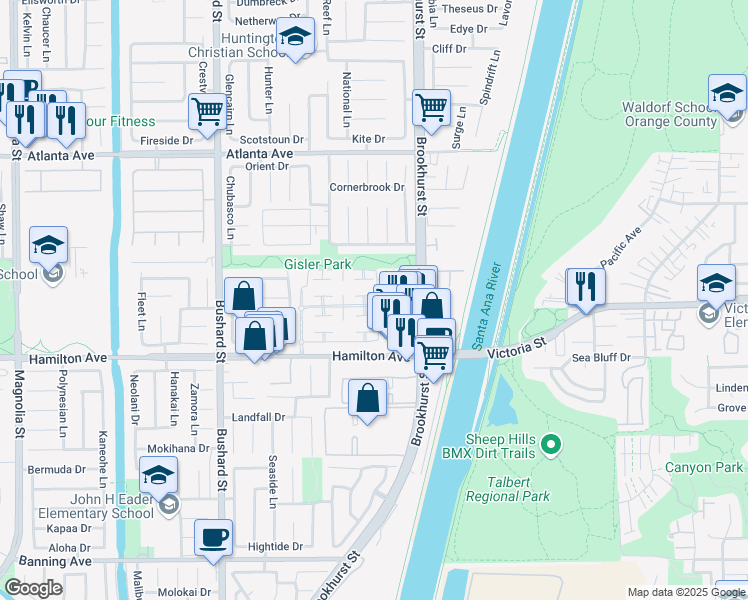 map of restaurants, bars, coffee shops, grocery stores, and more near 9861 Villa Pacific Drive in Huntington Beach