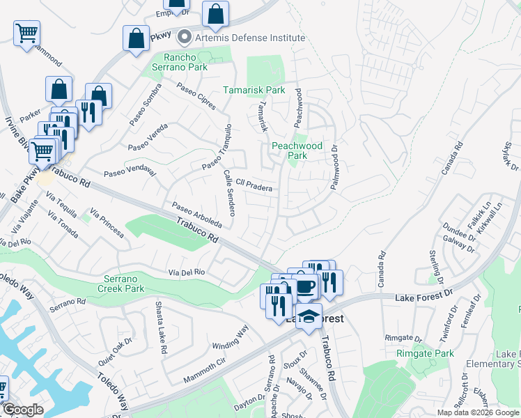 map of restaurants, bars, coffee shops, grocery stores, and more near 25224 Birch Grove Lane in Lake Forest