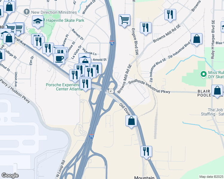 map of restaurants, bars, coffee shops, grocery stores, and more near 3750 Crown Road Southeast in Atlanta