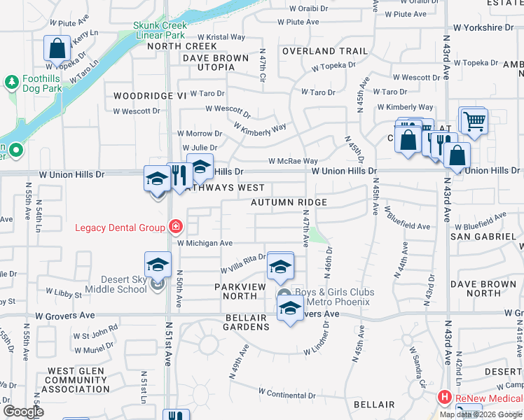 map of restaurants, bars, coffee shops, grocery stores, and more near 4802 West Bluefield Avenue in Glendale