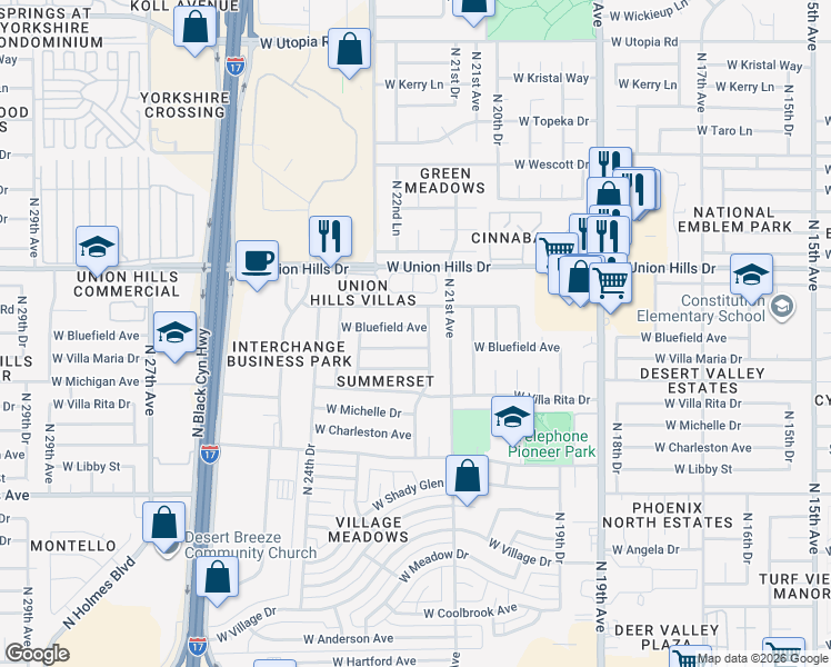 map of restaurants, bars, coffee shops, grocery stores, and more near 2211 West Bluefield Avenue in Phoenix