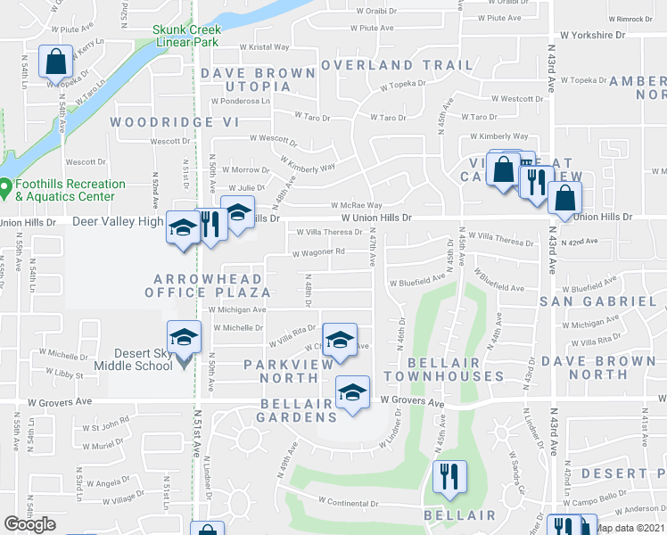 map of restaurants, bars, coffee shops, grocery stores, and more near 4748 W Bluefield Ave in Glendale