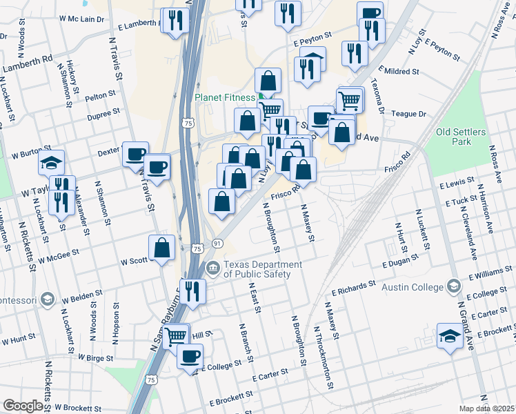 map of restaurants, bars, coffee shops, grocery stores, and more near 1617 Texoma Parkway in Sherman