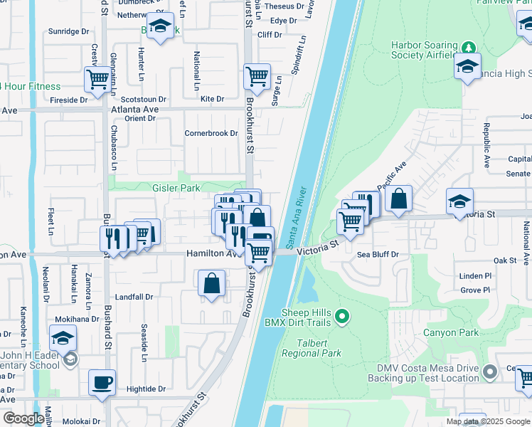 map of restaurants, bars, coffee shops, grocery stores, and more near 21372 Brookhurst Street in Huntington Beach