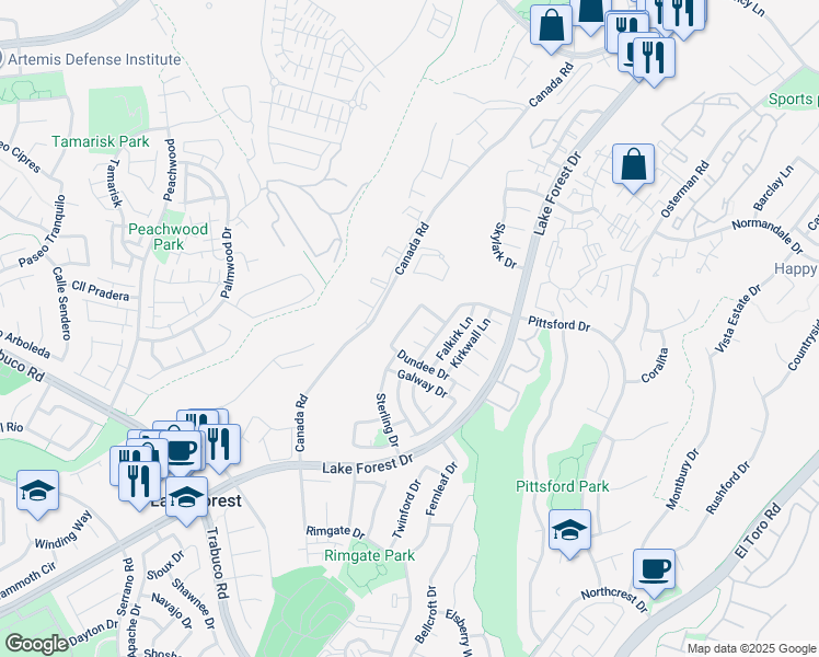 map of restaurants, bars, coffee shops, grocery stores, and more near 21382 Stonehaven Lane in Lake Forest