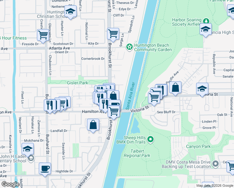 map of restaurants, bars, coffee shops, grocery stores, and more near 21372 Brookhurst Street in Huntington Beach