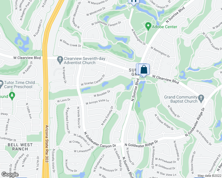 map of restaurants, bars, coffee shops, grocery stores, and more near 16200 West Boulder Drive in Surprise