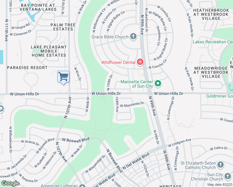 map of restaurants, bars, coffee shops, grocery stores, and more near 26301 104th Avenue in Sun City