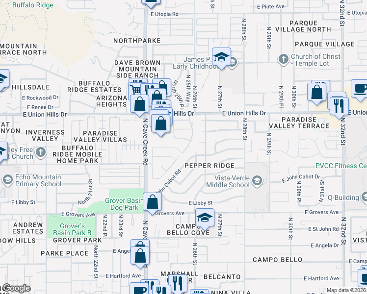 map of restaurants, bars, coffee shops, grocery stores, and more near 18226 North 25th Way in Phoenix