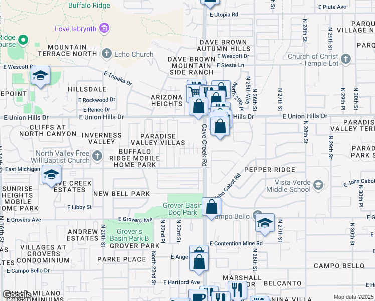 map of restaurants, bars, coffee shops, grocery stores, and more near North 23rd Street in Phoenix