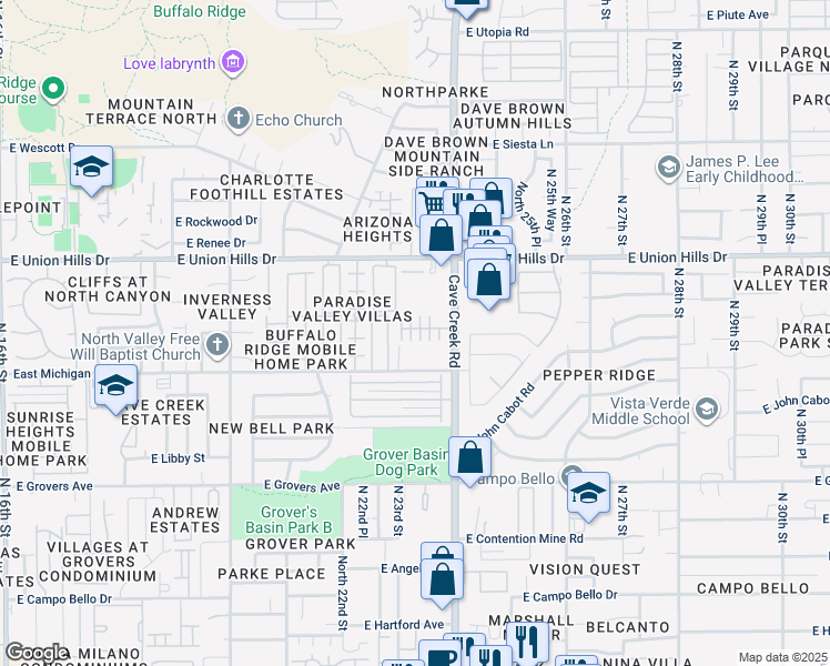 map of restaurants, bars, coffee shops, grocery stores, and more near North 23rd Street in Phoenix