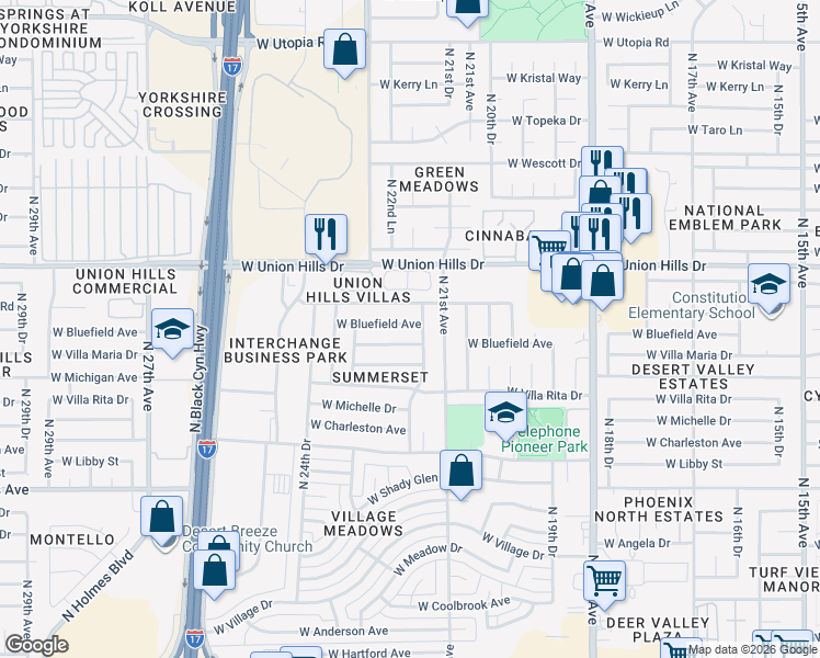 map of restaurants, bars, coffee shops, grocery stores, and more near 2211 West Bluefield Avenue in Phoenix
