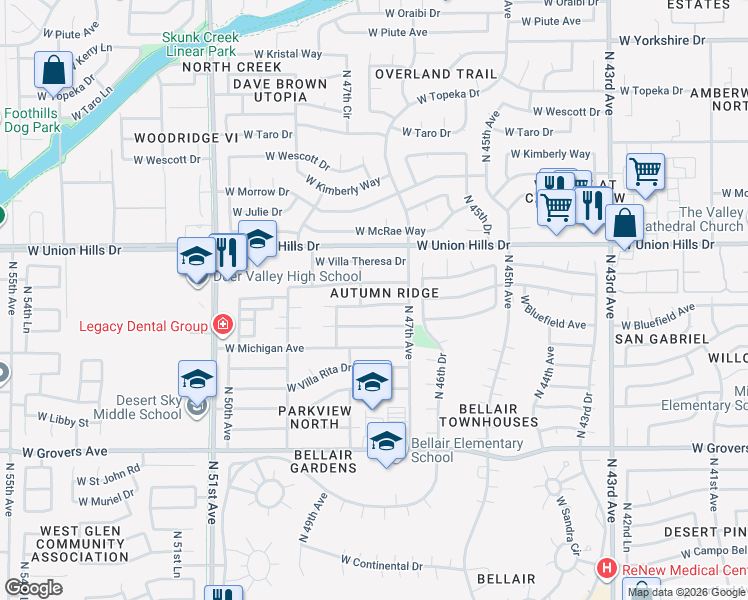 map of restaurants, bars, coffee shops, grocery stores, and more near 4748 West Bluefield Avenue in Glendale
