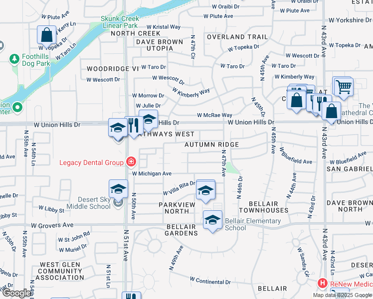 map of restaurants, bars, coffee shops, grocery stores, and more near 4820 West Bluefield Avenue in Glendale