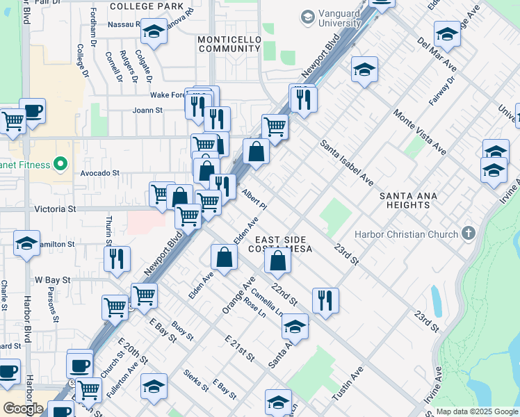 map of restaurants, bars, coffee shops, grocery stores, and more near 151 Albert Place in Costa Mesa