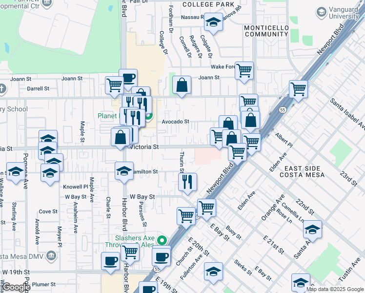 map of restaurants, bars, coffee shops, grocery stores, and more near 2144 Thurin Street in Costa Mesa