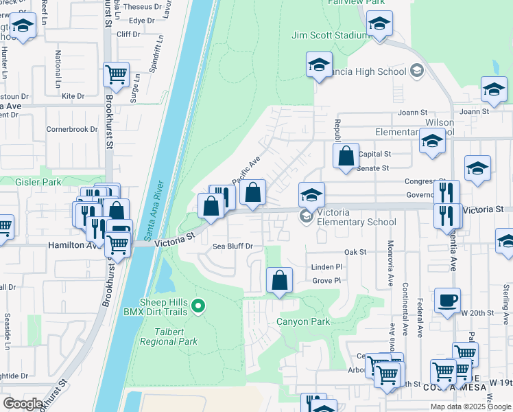 map of restaurants, bars, coffee shops, grocery stores, and more near 1104 Victoria Street in Costa Mesa