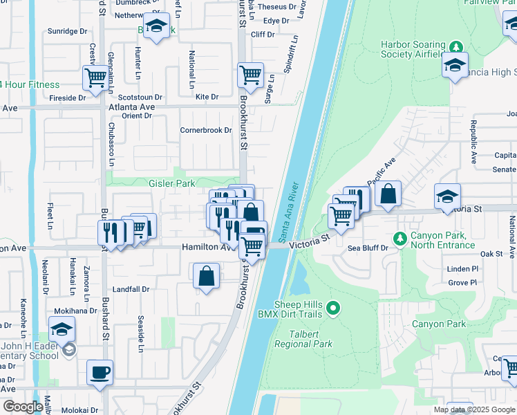 map of restaurants, bars, coffee shops, grocery stores, and more near 21372 Brookhurst Street in Huntington Beach