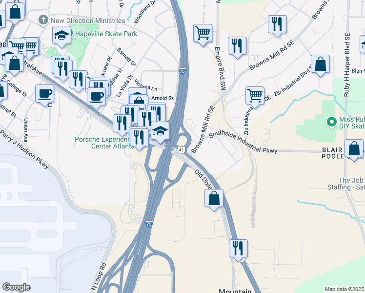 map of restaurants, bars, coffee shops, grocery stores, and more near 3750 Crown Road Southeast in Atlanta