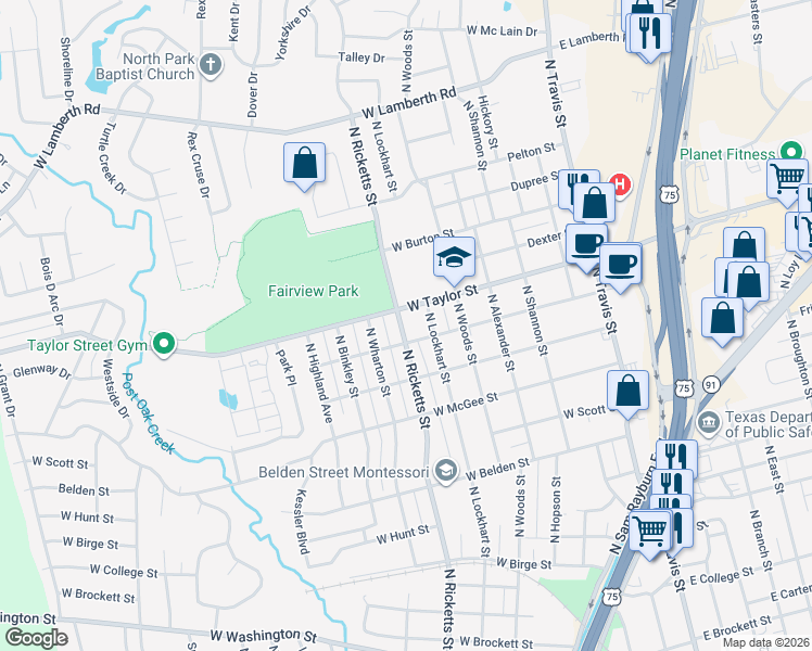 map of restaurants, bars, coffee shops, grocery stores, and more near 1811 North Ricketts Street in Sherman