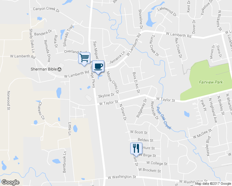 map of restaurants, bars, coffee shops, grocery stores, and more near 1900 Monte Cristo Drive in Sherman