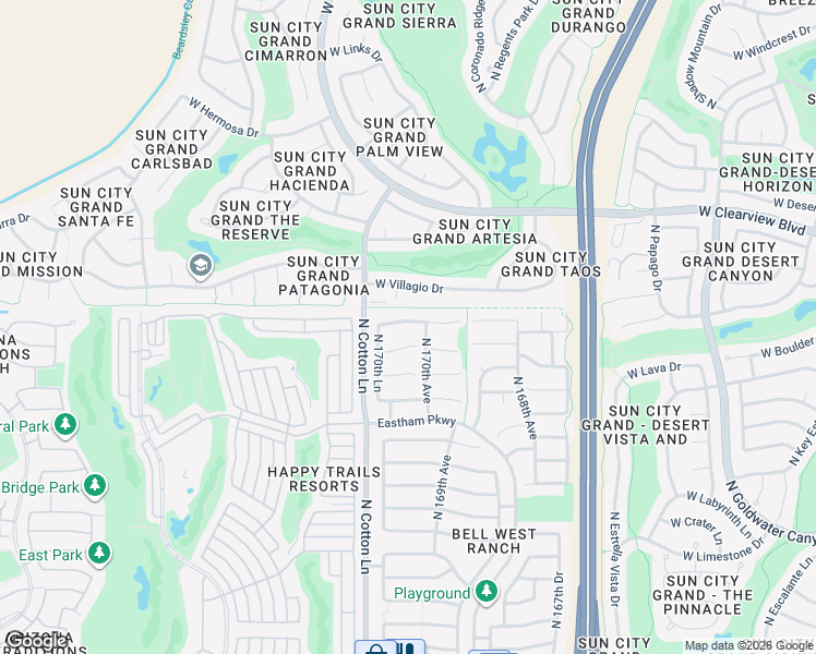 map of restaurants, bars, coffee shops, grocery stores, and more near 17027 West Northampton Road in Surprise