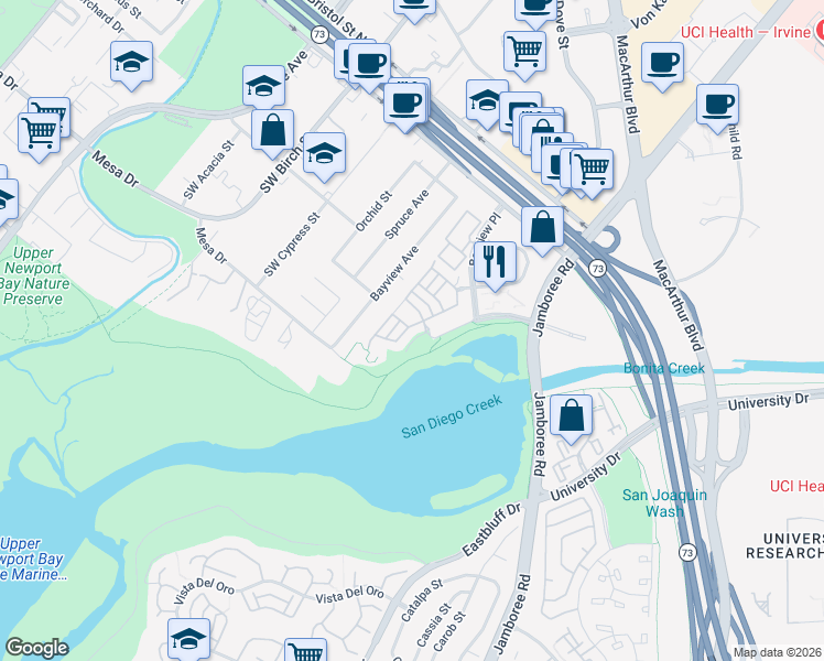 map of restaurants, bars, coffee shops, grocery stores, and more near 42 Cormorant Circle in Newport Beach