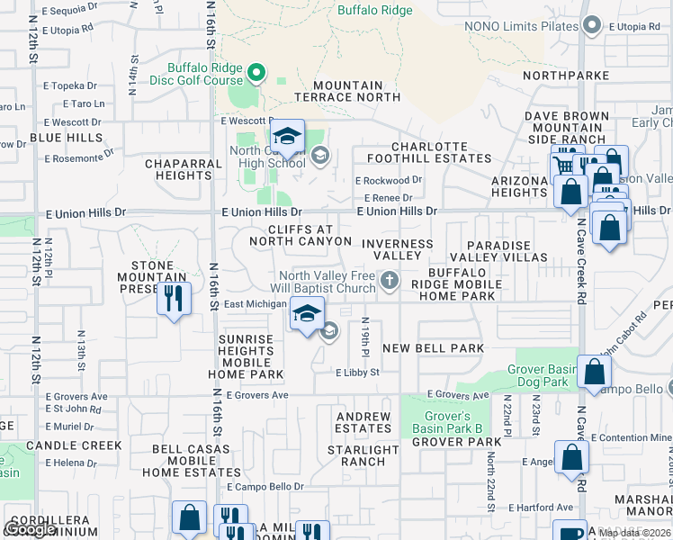 map of restaurants, bars, coffee shops, grocery stores, and more near 1833 East Bluefield Avenue in Phoenix