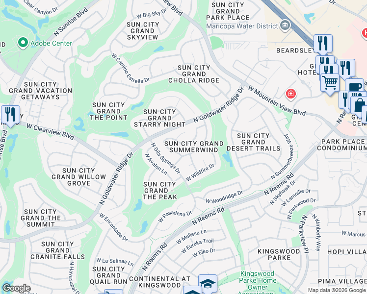 map of restaurants, bars, coffee shops, grocery stores, and more near 15237 W Pinehurst Ln in Surprise
