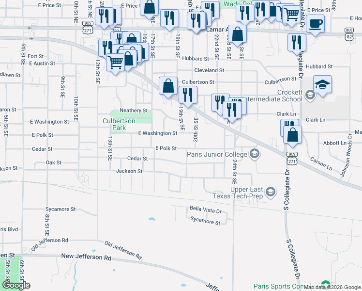 map of restaurants, bars, coffee shops, grocery stores, and more near 1875 East Polk Street in Paris