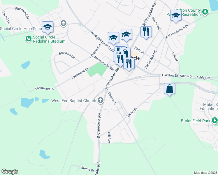 map of restaurants, bars, coffee shops, grocery stores, and more near 340 Cannon Drive in Social Circle