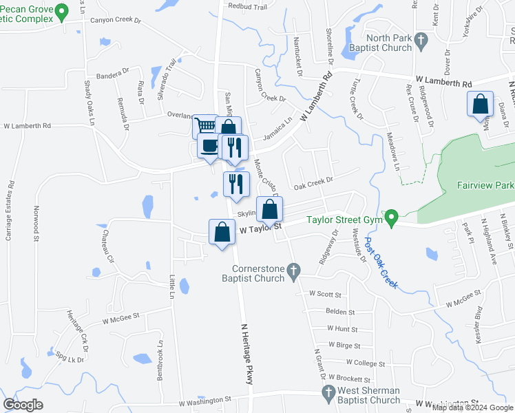 map of restaurants, bars, coffee shops, grocery stores, and more near 1904 Monte Cristo Way in Sherman