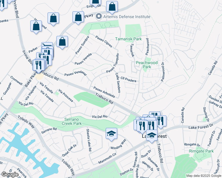 map of restaurants, bars, coffee shops, grocery stores, and more near 21372 Avenue Ambiente in Lake Forest