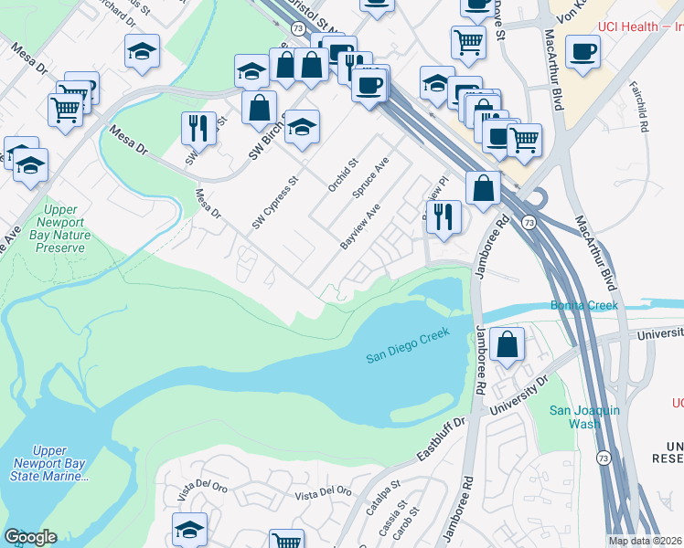 map of restaurants, bars, coffee shops, grocery stores, and more near 89 Pelican Court in Newport Beach