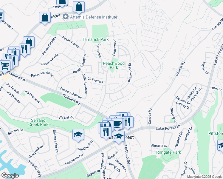 map of restaurants, bars, coffee shops, grocery stores, and more near 25374 Mosswood Way in Lake Forest