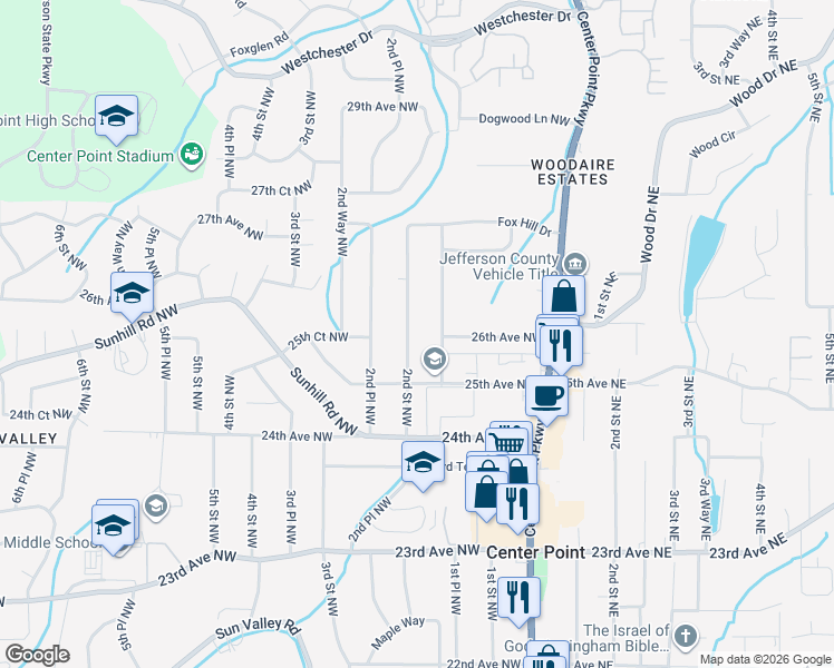 map of restaurants, bars, coffee shops, grocery stores, and more near 2517 2nd Street Northwest in Center Point