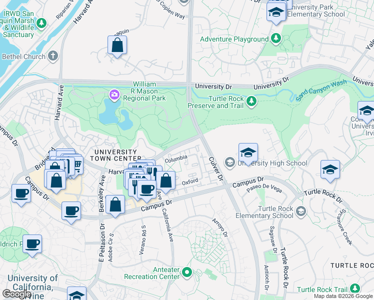 map of restaurants, bars, coffee shops, grocery stores, and more near 26 Georgetown in Irvine