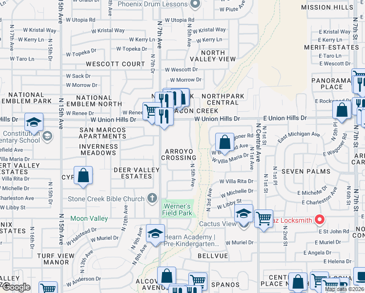 map of restaurants, bars, coffee shops, grocery stores, and more near 538 West Bluefield Avenue in Phoenix