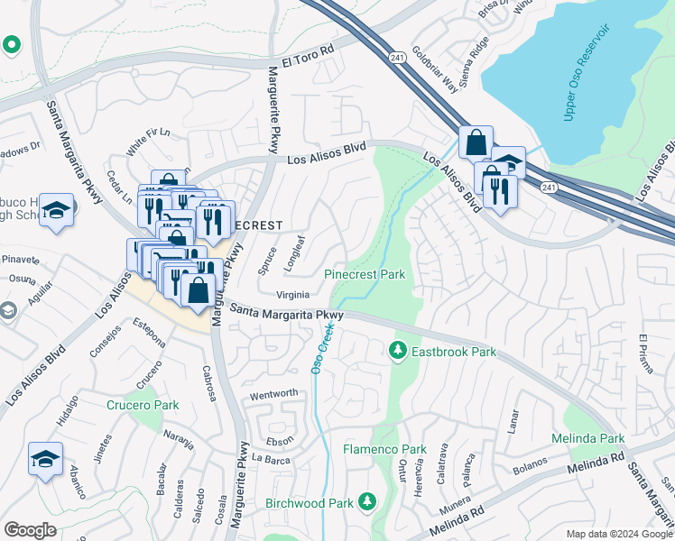 map of restaurants, bars, coffee shops, grocery stores, and more near 28176 Virginia in Mission Viejo
