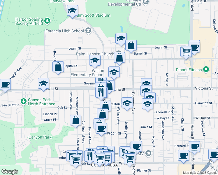 map of restaurants, bars, coffee shops, grocery stores, and more near 784 Victoria Street in Costa Mesa