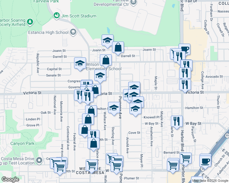 map of restaurants, bars, coffee shops, grocery stores, and more near 724 1/2 Victoria Street in Costa Mesa