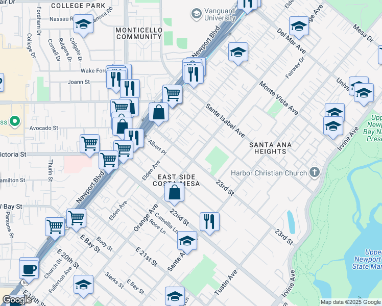 map of restaurants, bars, coffee shops, grocery stores, and more near 2305 Orange Avenue in Costa Mesa
