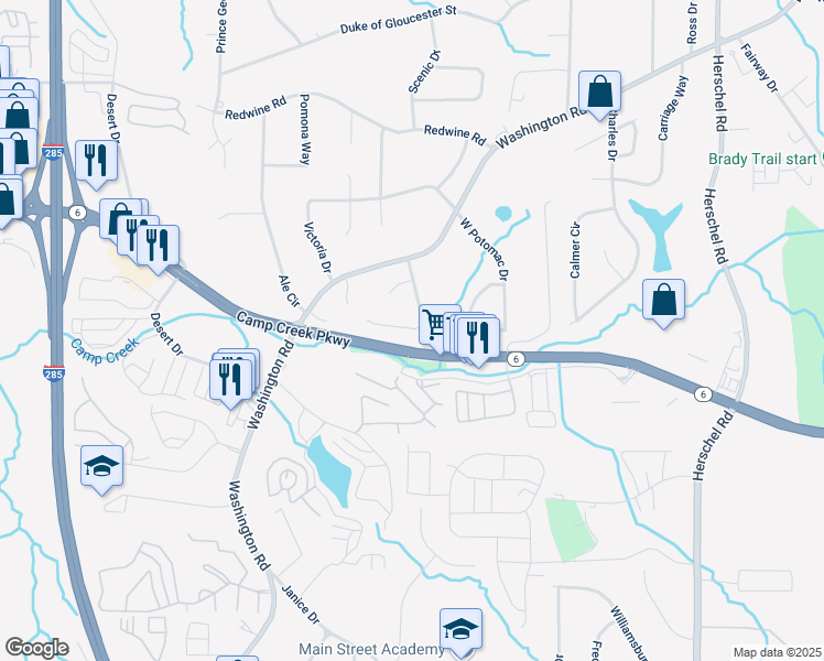 map of restaurants, bars, coffee shops, grocery stores, and more near 2898 Revere Court in East Point