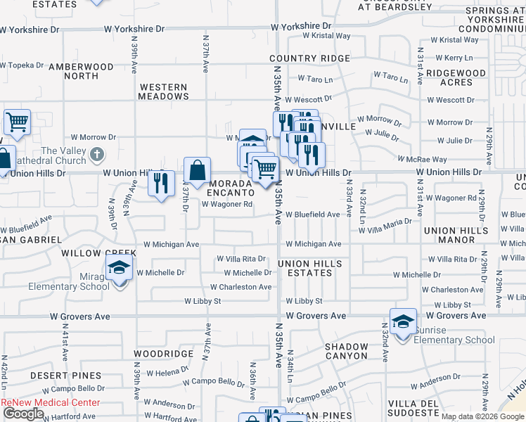 map of restaurants, bars, coffee shops, grocery stores, and more near 3522 West Bluefield Avenue in Glendale