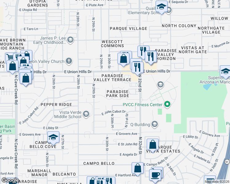 map of restaurants, bars, coffee shops, grocery stores, and more near 3018 East Villa Maria Drive in Phoenix