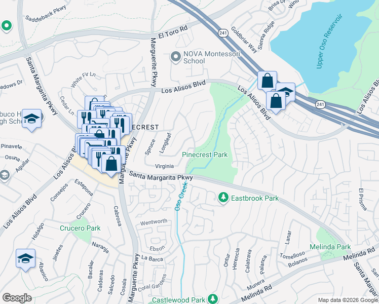 map of restaurants, bars, coffee shops, grocery stores, and more near 28176 Virginia in Mission Viejo