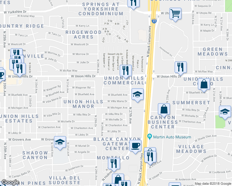 map of restaurants, bars, coffee shops, grocery stores, and more near 2746 West Bluefield Avenue in Phoenix